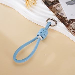 Simple Promotion Gift Low Price Silver Plated Metal Clasp Silver Bead Women <b>Bag</b> <b>Charm</b> Soft PU Leather Strap Braided Keychain - Product Image 4