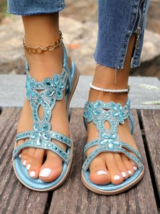 Women Floral Rhinestone T Strap Flat <b>Sandals</b> Glitter Upper <b>Elastic</b> Ankle Strap Slip Resistant Sole Summer Beach Casual Footwear - Product Image 2