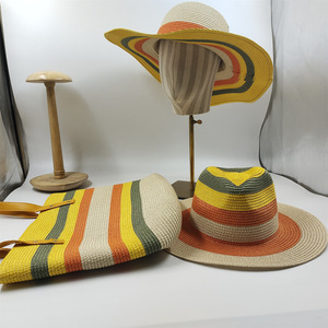 Ensemble d'été pliable 3 pièces - Chapeau de paille à large bord rayé et sac fourre-tout tressé, combo respirant de protection solaire pour l'extérieur, casquette au crochet - Product Image 6