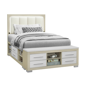 Modern Adjustable Convertible Soft <b>Bed</b> with Natural and White Storage and LED Queen <b>Bed</b> - Product Image 3