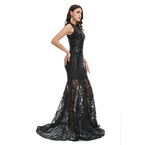 Sexy da donna con scollo rotondo senza maniche gonna trasparente con motivo a sirena abiti da sera in pizzo nero dorato - Product Image 3