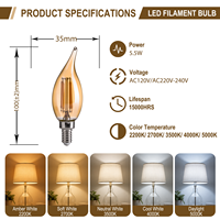 Ampoule LED à filament vintage Aura 5,5W CA11 CA35, culot E12, verre ambré, IRC90, garantie 2 ans, pour lustre et présentoirs de boutique