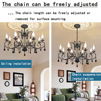 Lustre en fer noir avec bras courbes et cristaux, suspension simple pour salon, salle à manger, chambre à coucher