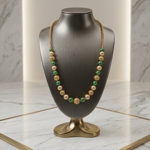 Antique 925 Silver <b>Necklace</b> with Green Beads Pearls Long Chain Mala <b>Statement</b> Jewelry for Women Wedding Party Gift Traditional - Product Image 3