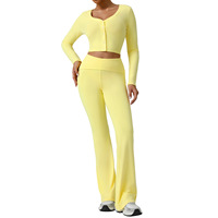Pantalon de yoga évasé ajusté SM2556 pour femme, coupe flatteuse, col en V, manches longues, respirant, pour fitness et course à pied