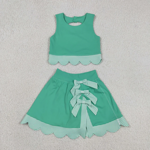 Conjunto de Ropa Deportiva para Niñas Pequeñas, Estilo Yoga, Verano, Sin Mangas, Falda Escocesa Verde con Volantes y Lazos - Product Image 6