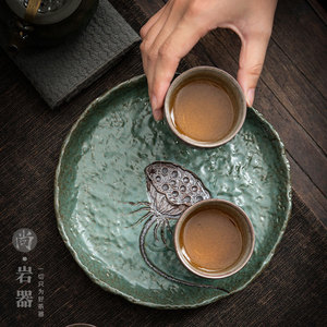 Bandeja de cerámica para preparación de té en seco, con esmalte de piedra azul y diseño de semilla de loto, forma irregular, para juego de té Kung Fu con dos tazas - Product Image 1