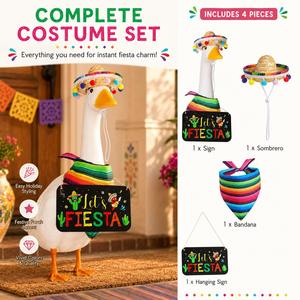 Estatua de Ganso con Traje de Fiesta Mexicana, Sombrero, Serape, Pañuelo, Letrero Colgante, Decoración para Porche, Jardín, Festividades, Adorno, Detalle - Product Image 6