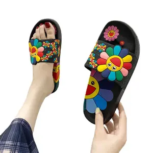 Women Slippers Slides Shoes Summer Sandals Female PU Cute Girls Comfort Casual Flats Print Flower Ladies Candy Color PVC 2 Pairs