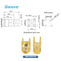 Connecteur SMA femelle Gwave modèle SMA-KHD133 en laiton pour applications RF traversant le circuit imprimé, impédance 50 Ohm, épaisseur 5,08 mm, DC-12,4 GHz