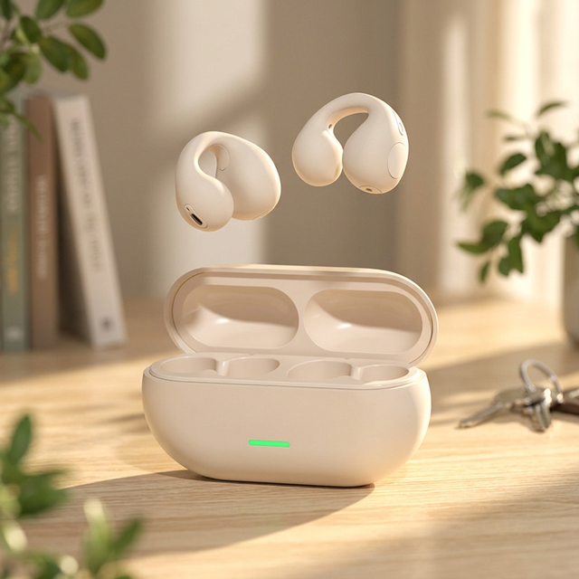 Open Ear Clip on Headphones Wireless Earbuds Bone Conduction Concept Sport Earphones with Charging Case for Workout Running