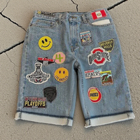 Shorts en jean baggy pour homme, style streetwear, avec appliques personnalisées, patchwork, respirants, en coton mi-lourd, délavés à l'acide, pour l'été