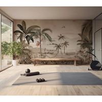 Papier peint mural amovible rétro vert, fond tropical, bord de mer, plantes et fleurs, beauté