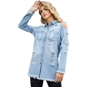 Women's distressed cut off cold shoulder ripped raw trim denim cowboy shirts with frayed bottom women ladies