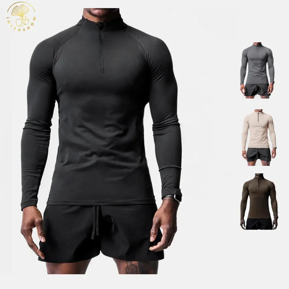 Individueller Herren Viertel Reißverschluss schnell trocknend Polyester Elasthan einfarbig langärmlig Slim aktiv Muskelkompression Fitness Sport T-Shirts