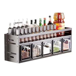 Estante de almacenamiento de cocina multifuncional sin taladro montado en la pared, juego de tarros de especias tipo vajilla de PP de Metal de doble nivel para uso doméstico - Product Image 2
