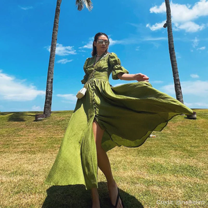 <span class=keywords><strong>Robe</strong></span> longue d'été Vintage personnalisée pour femmes 100% lin pur A-ligne col en V demi-manches courtes bouffantes solide fente bouton de couleur verte - Product Image 5