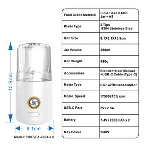 Procesador de Alimentos para Bebés al por Mayor, Portátil, Apto para Autocaravanas, 260ml, USB, Libre de BPA, Limpieza con un Clic, Bajo Ruido, Picador para Uso Comercial y Doméstico - Product Image 6