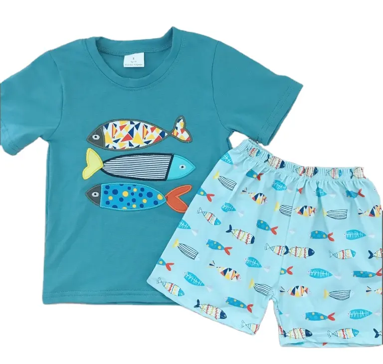 Hot sale ready to ship no moq baby kids clothes boy 2Pcs sets with applique design spring summer boy clothing sets