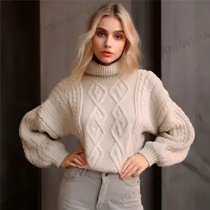 बुना हुआ स्वेटर मोटी धागा और लंबी आस्तीन के साथ सक्षम बंद गले स्वेटर