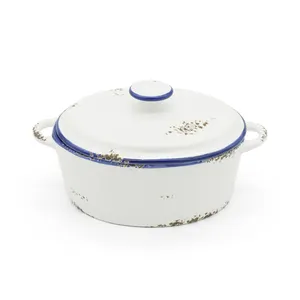 Vente en gros de bonne qualité Antique Vintage blanc rétro cuisine double oreilles alimentaire bol en porcelaine émaillée cuisson marmite