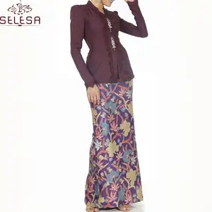 Zipper Down Front Stylish Kebaya Solid Traditional Malaysia Lady Clothing Women's Embellished Wrap Peplum Baju Kurung