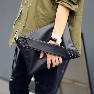 Trend outdoor PU leather black handbags motorcycle rivet punk money clutch purse