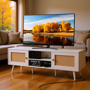 Moderno Mueble para TV Boho de 65 Pulgadas, Centro de Entretenimiento con Puerta de Ratán Blanco, Consola Multimedia para Sala de Estar con Enchufe Integrado y Puertos USB - Product Image 2