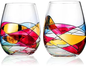 Hand Painted Stemless Romantic Stain-glassed Windows Wine Glasses Set of 2 - Gift Idea for Birthday, Housewarming