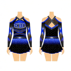 Costume da Cheerleader Personalizzato Blu Reale e Nero, Uniforme per Ragazze Cheerleader, Design OEM all'Ingrosso, Sublimazione con Pietre AB Scintillanti - Product Image 1