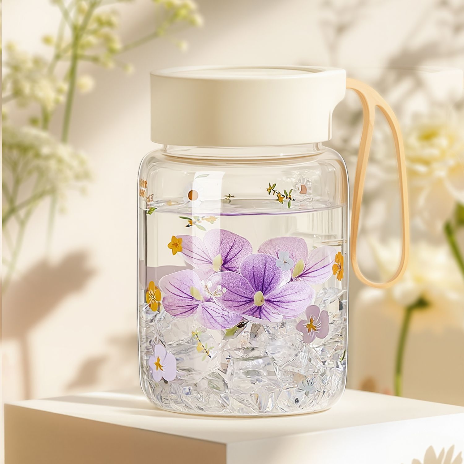 High-temperature Resistant Stylish Women's Portable Borosilicate Glass Cup Double Wall Floral Pattern Dishwasher Microwave Safe