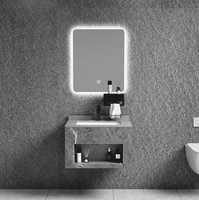 Miroir LED mural personnalisé, lavabo en pierre, table de toilette en PVC, meuble-lavabo pour hôtel et appartement