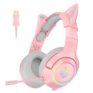 Cute Girl Gamer Headphones Microphone Stylish Pink 7.1 USB Cat Ear Gaming Wired Headset