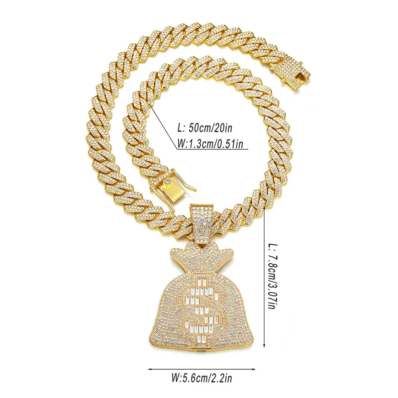 SISSLIA Fashion Jewelry Shining Money Bag With Dollar Sign Charm Pendant 14K Gold Plated Diamond Iced Out Pendant Necklace