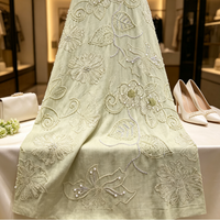 Kain Linen Katun Hijau Muda dengan Bordir Bunga Mutiara & Payet Perak untuk Gaun Pengantin, Gaun Pengiring Pengantin