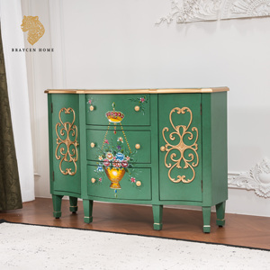 <span class=keywords><strong>Buffet</strong></span> en <span class=keywords><strong>bois</strong></span> massif peint à la main, armoire d'appoint vert <span class=keywords><strong>vintage</strong></span>, 3 tiroirs, 2 portes, style campagne française, meuble de rangement pour salon - Product Image 1