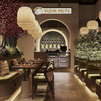 Meubles de restaurant commerciaux très vendus, canapé vert de style sushi, table carrée en bois et ensemble de chaises en rotin