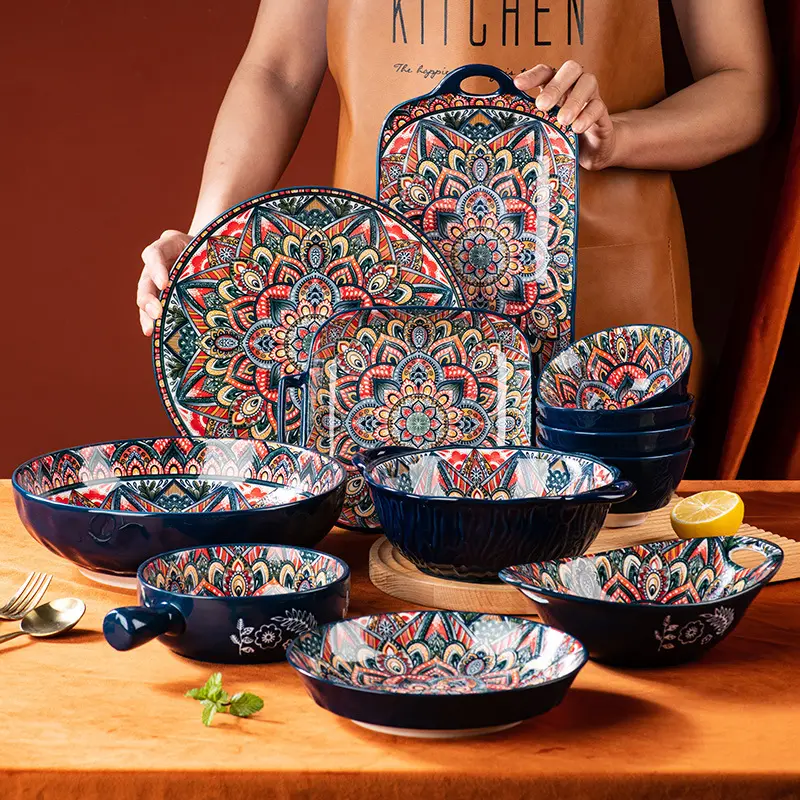 Bohemian Dishes and Tableware Set, Household Baking Tray, Assorted Dishes Dinnerware Set Party Decorations Modern Ceramic