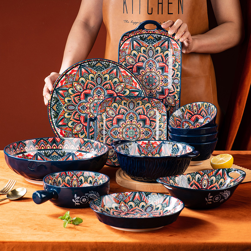 Bohemian Dishes and Tableware Set, Household Baking Tray, Assorted Dishes Dinnerware Set Party Decorations Modern Ceramic