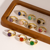 Nouvelle bague ouverte ovale en acier inoxydable avec double perle en pierre de lapis-lazuli, œil de tigre et quartz rose