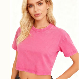 Camiseta de manga corta adelgazante, lavada con ácido y ombligo expuesto para mujer de algodón puro de 230g de alta calidad con logotipo serigrafiado - Product Image 1