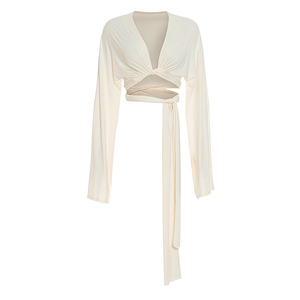 Conjunto de Otoño para Mujer Viviblook J26ST281, Color Sólido, Top Corto de Cuello Bajo y Manga Larga, Pantalones Acampanados con Cinturón de Cintura Alta, Conjunto de Dos Piezas - Product Image 5