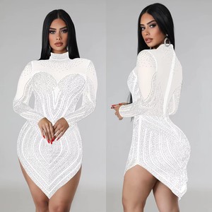 Vestido de Noche Elegante QY831, <span class=keywords><strong>Color</strong></span> Sólido, Decoración de Pedrería, Cuello Alto, Manga Larga, Vestido de Gala, <span class=keywords><strong>Color</strong></span> Sólido, Transparente - Product Image 1