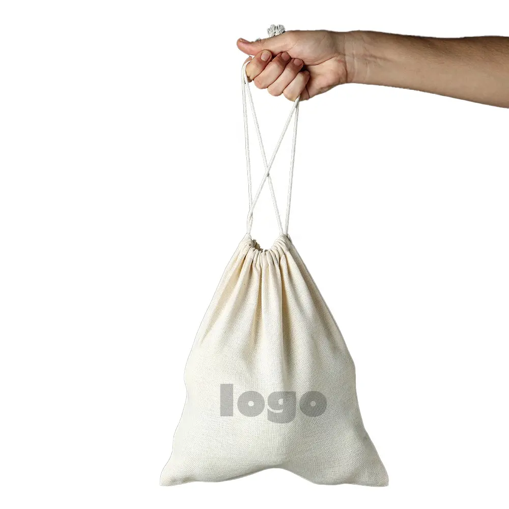 カスタムロゴプリントエコフレンドリーオーガニックモスリンコットンポーチプロモーションホワイトカリコ布包装キャンバス巾着袋