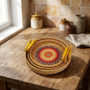 Round Rattan Storage <b>Tray</b> With Handles Bohemian Style Woven <b>Basket</b> For Living Room Decorative Serving <b>Tray</b> Handmade - Product Image 3