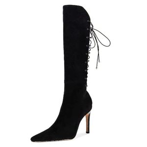 Bottes longues élégantes en daim uni pour femme, à talons hauts, bout pointu, lacets arrière, bottines hautes au genou, avec fermeture éclair latérale et découpes - Product Image 2