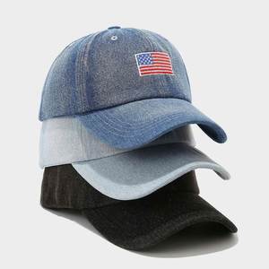 Wholesale Cotton Common Vintage 6-<b>Panel</b> <b>Light</b> Blue Denim Baseball Cap Sublimation Embossed Printing American Embroidery USA Flag - Product Image 1