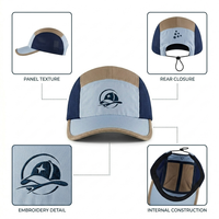 Casquette de camping personnalisée à profil bas, non structurée, 5 panneaux, avec cordon élastique, en nylon haute performance, bleu et beige, avec logo brodé plat