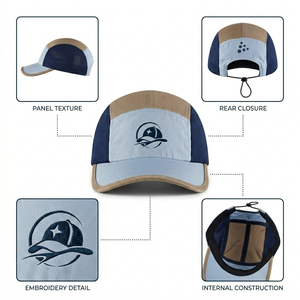 Casquette de camping personnalisée à profil bas, non structurée, 5 panneaux, avec cordon élastique, en <span class=keywords><strong>nylon</strong></span> haute performance, bleu et beige, avec logo brodé plat - Product Image 2