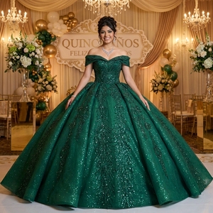 Lsany302 Royal Emerald Green Damask Scroll Rhinestone Beaded Bodice Glitter <b>Ball</b> <b>Gown</b> Quinceanera Dress Jancember - Product Image 1